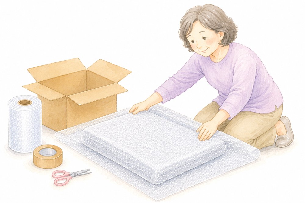 HULKENをプチプチで梱包する様子
