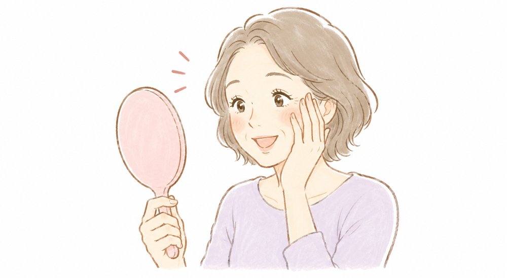 手鏡を見て嬉しそうな女性のイラスト
