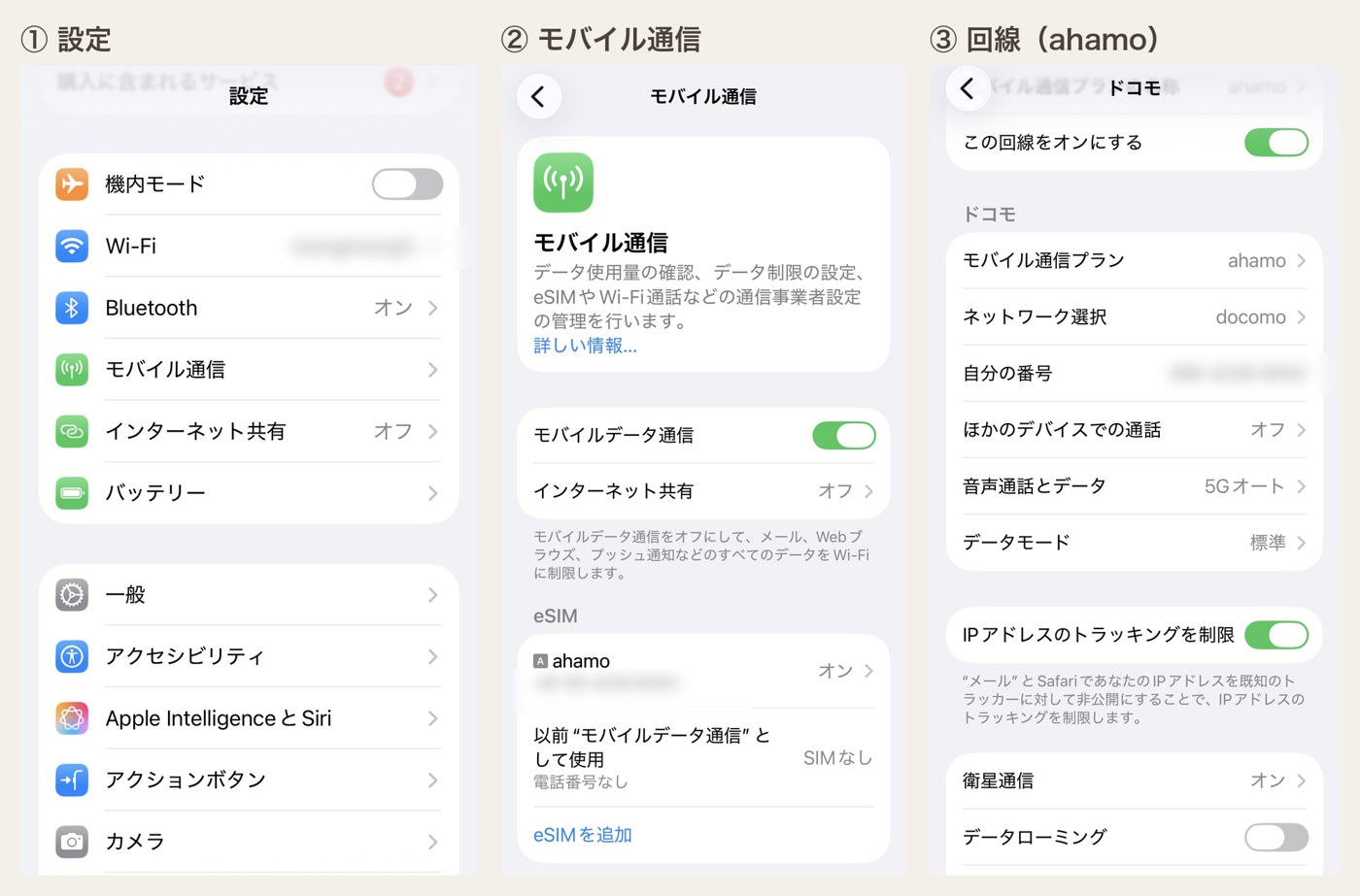 iPhoneの設定からモバイル通信、ahamoの回線を開いてデータローミングにたどりつく画面