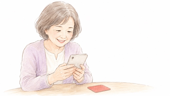 スマートフォンを見てほほえむ60代の女性と、テーブルに置かれた赤いカードの水彩イラスト