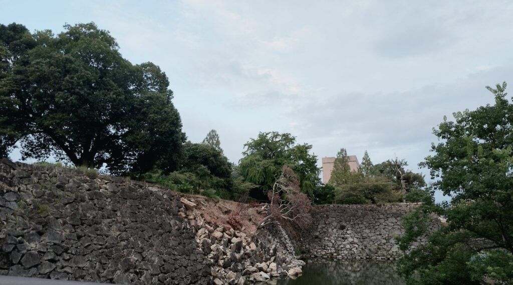 お堀に崩れ落ちた八代城跡の石垣