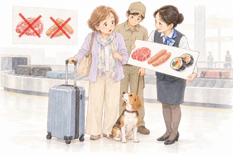 イラスト。においをかぐワンちゃんが、わたしの隣に座った